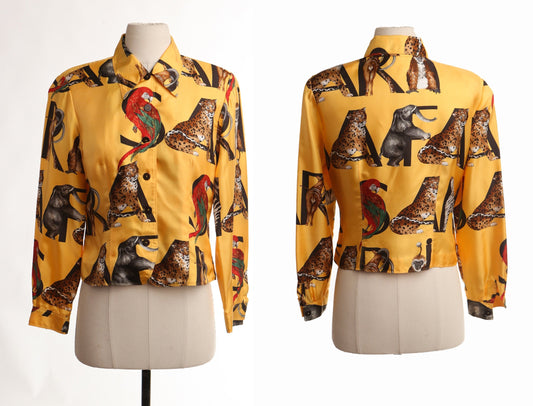 Vintage danna buchman yellow silk top blouse safari casual summer 90's y2k