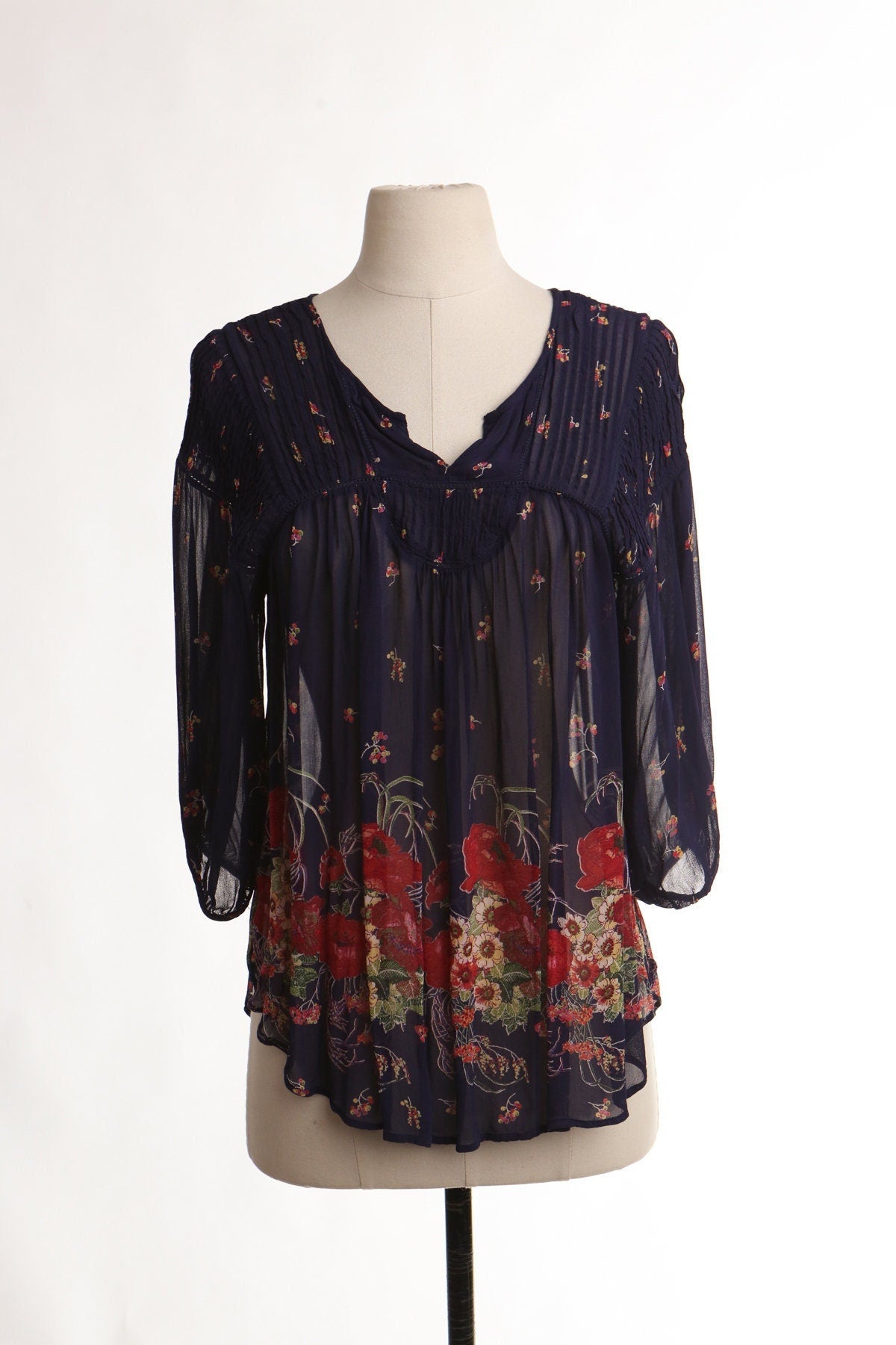 Women floral print bohemain blue top 70's red sheer