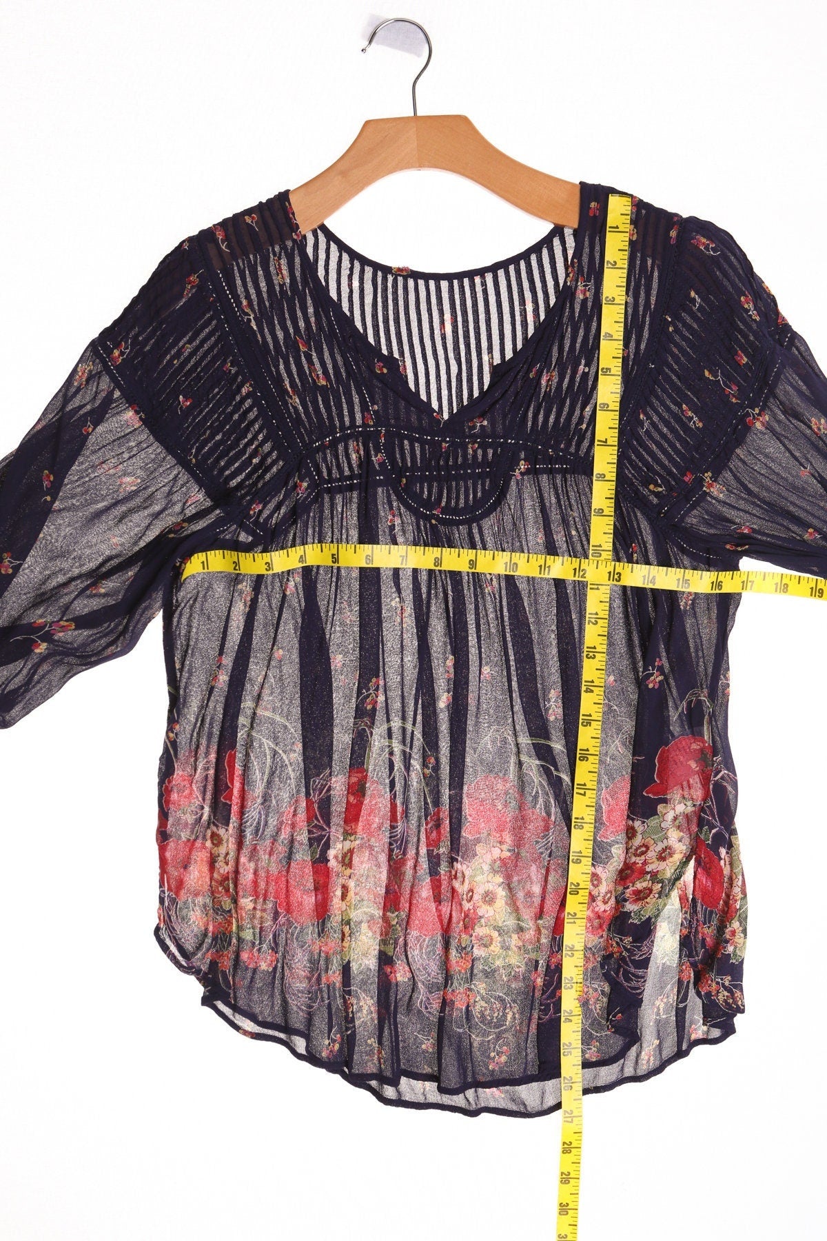Women floral print bohemain blue top 70's red sheer