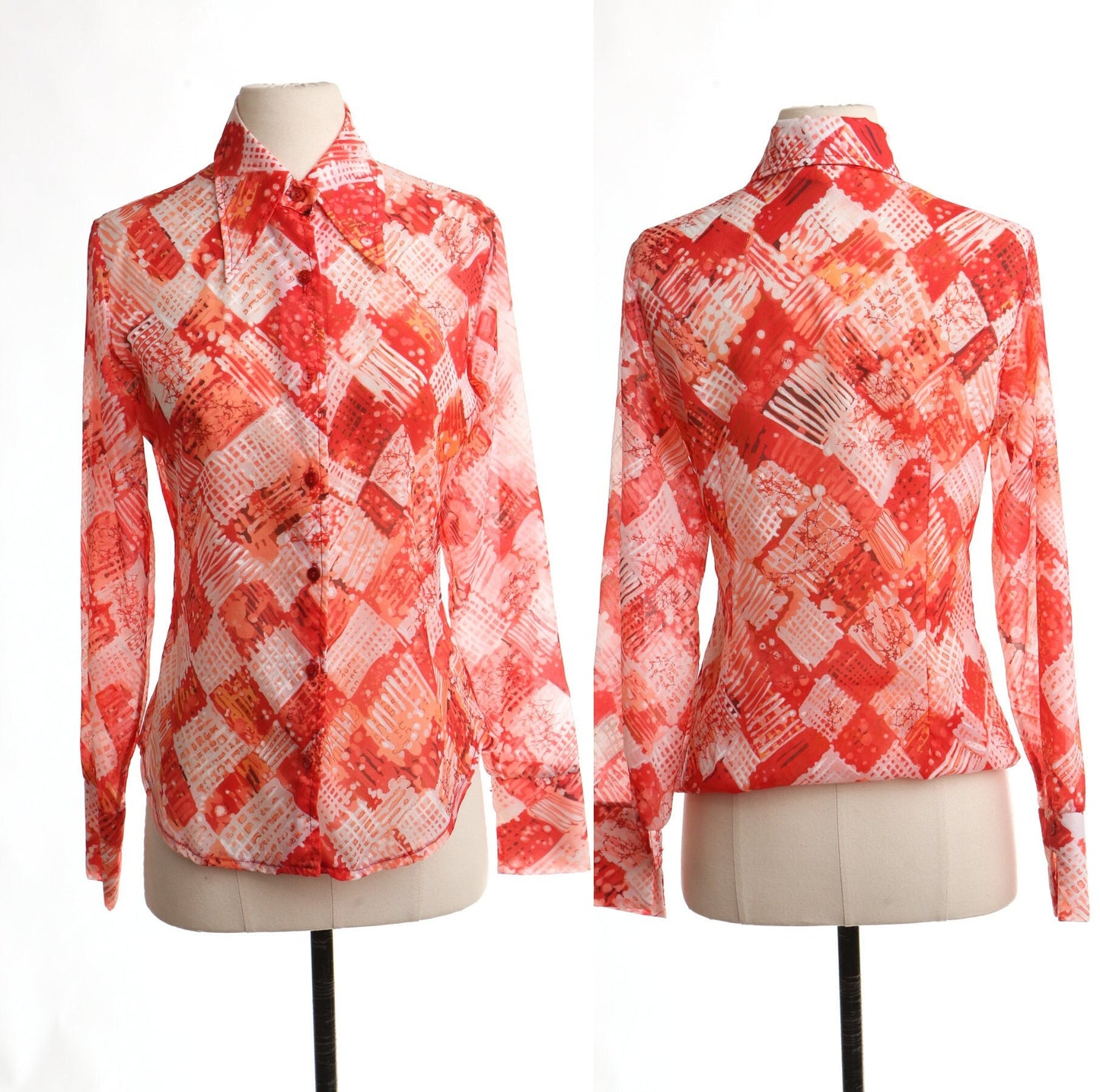 Vintage 90's 70's red poly blouse top disco studio 54 sheer women white