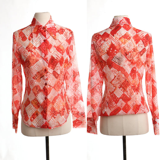 Vintage 90's 70's red poly blouse top disco studio 54 sheer women white