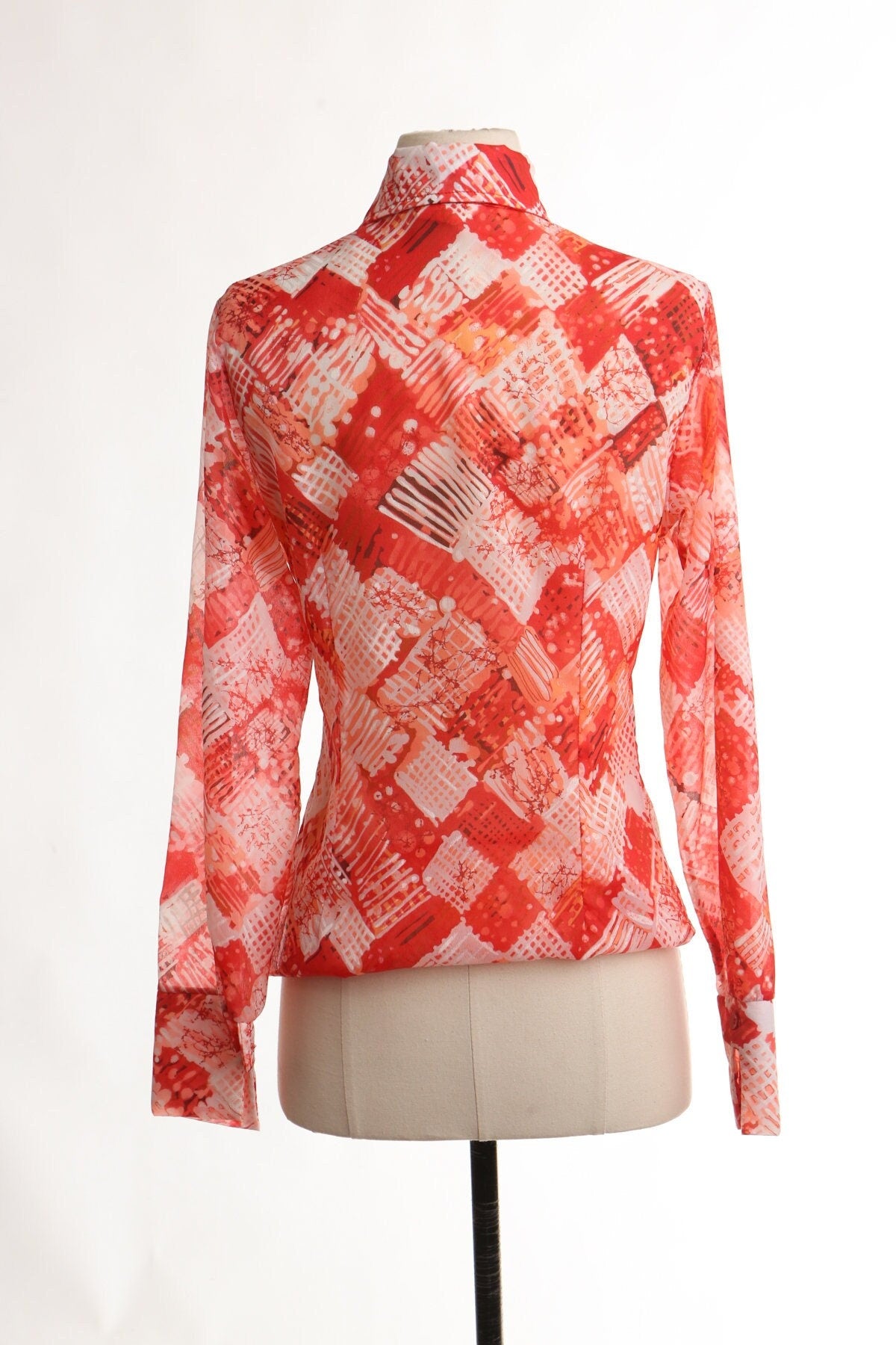 Vintage 90's 70's red poly blouse top disco studio 54 sheer women white