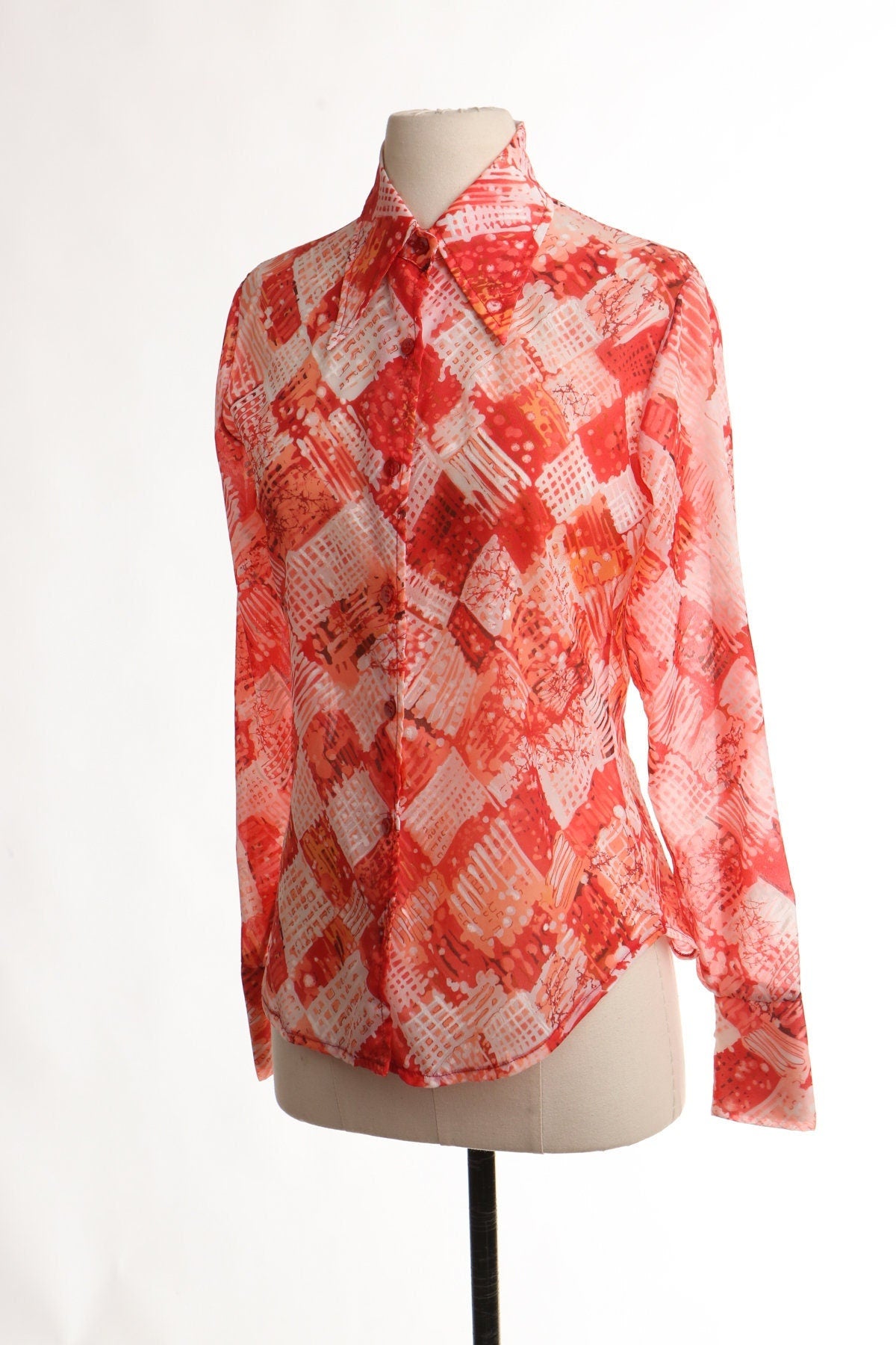 Vintage 90's 70's red poly blouse top disco studio 54 sheer women white