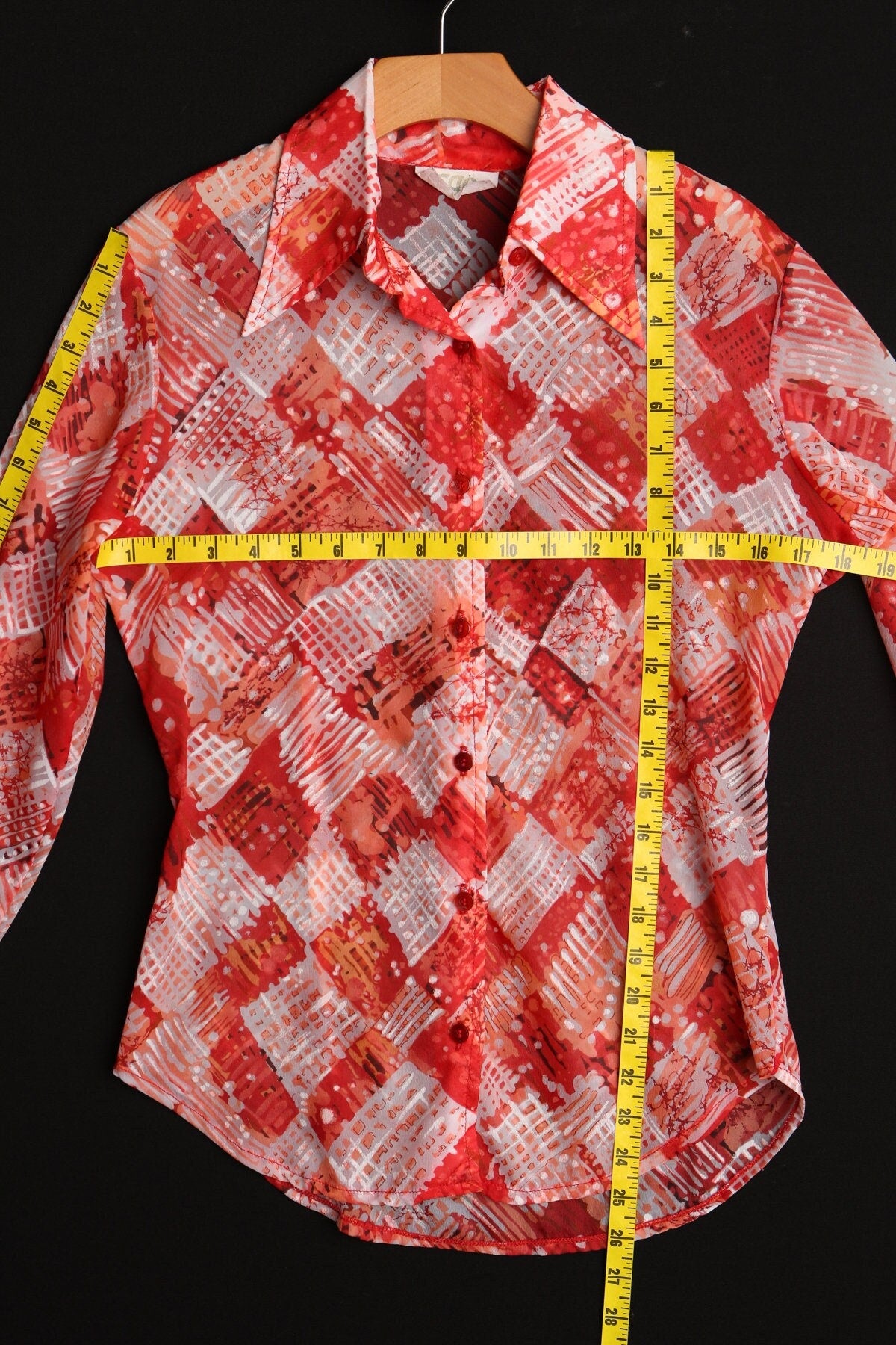 Vintage 90's 70's red poly blouse top disco studio 54 sheer women white