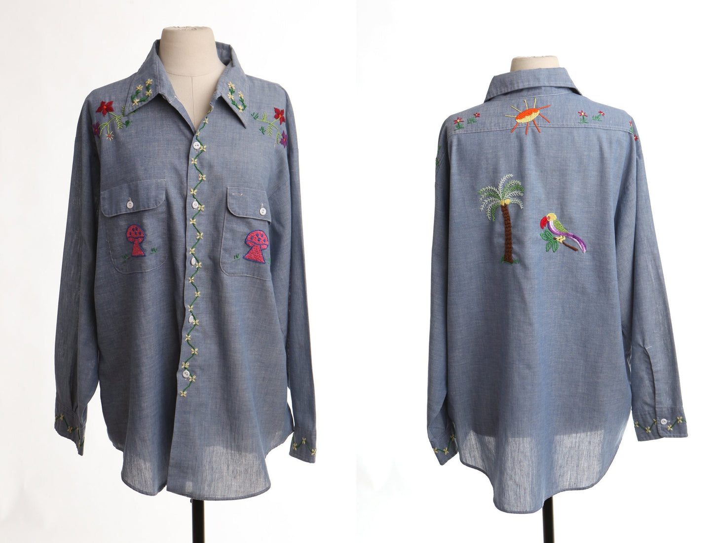 Vintage 70's blue shirt hippie embroidered mushroom flowers 60's big mac men utility