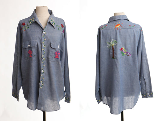 Vintage 70's blue shirt hippie embroidered mushroom flowers 60's big mac men utility