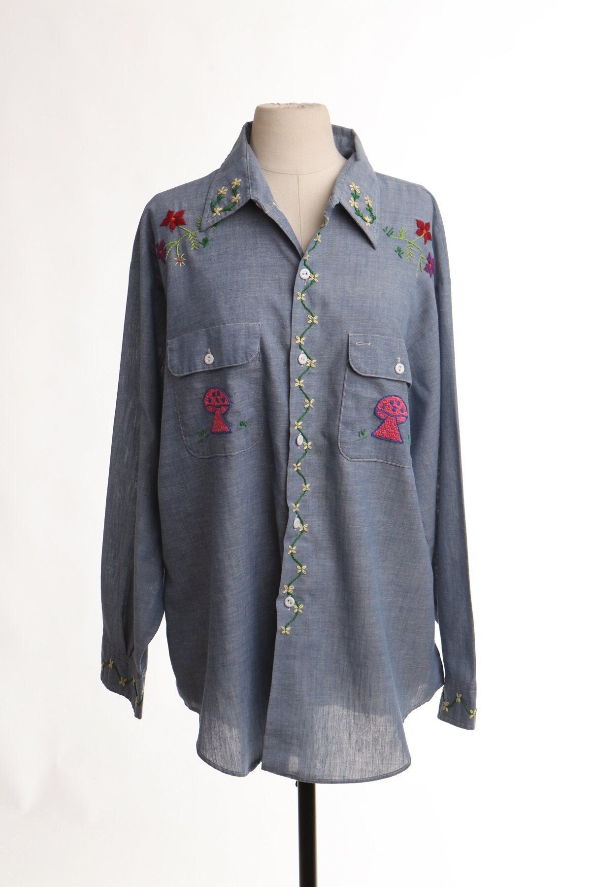 Vintage 70's blue shirt hippie embroidered mushroom flowers 60's big mac men utility