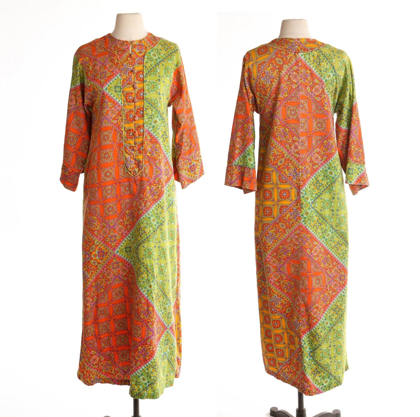 Vintage 70's tunic dress gree orange paisley 60's bohemian hippie kaftan