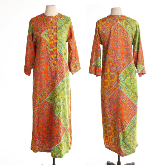 Vintage 70's tunic dress gree orange paisley 60's bohemian hippie kaftan