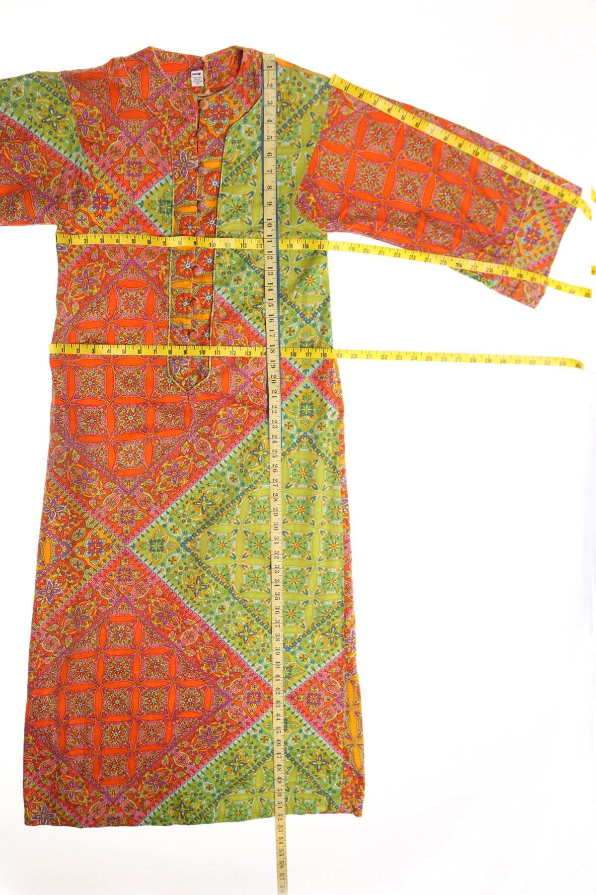 Vintage 70's tunic dress gree orange paisley 60's bohemian hippie kaftan
