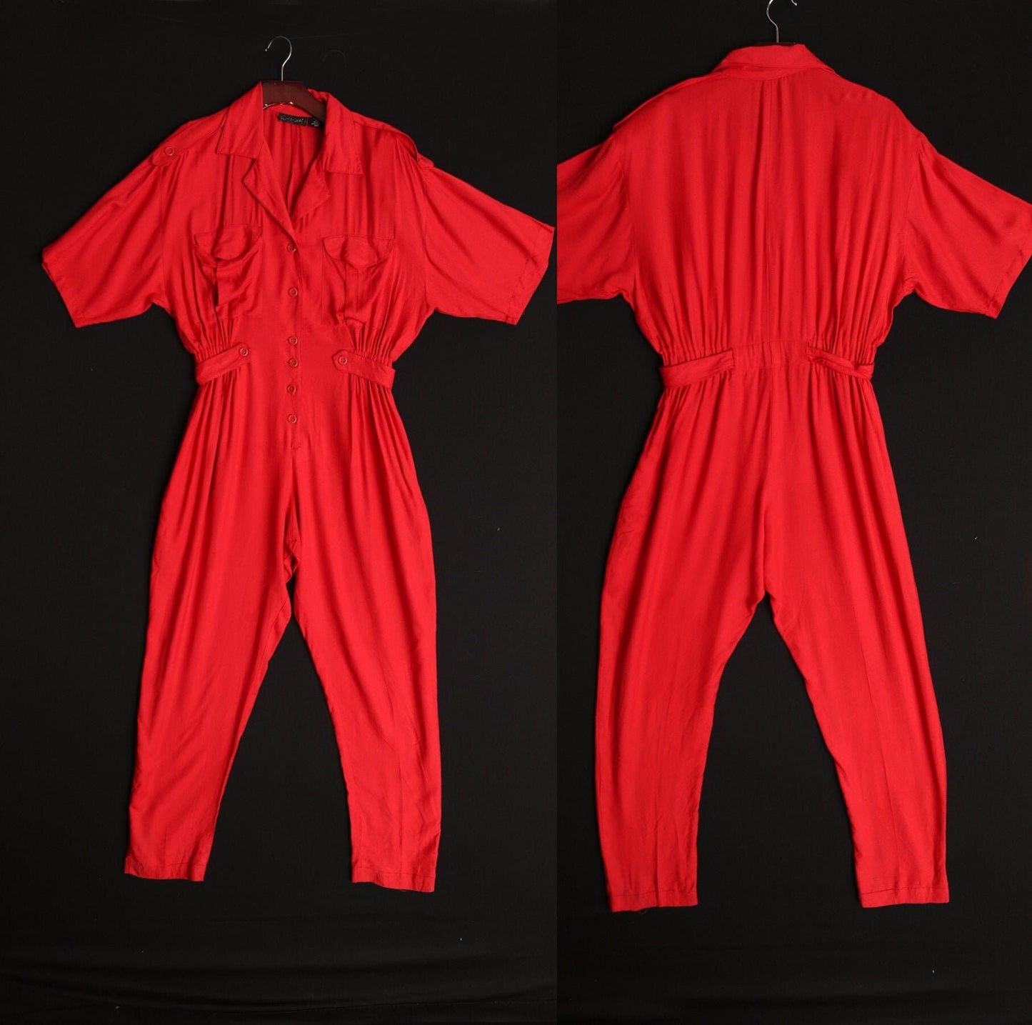 Jumpsuit 90's vintage red women casual 80's button cargo fashion y2k short sleeve front pockets