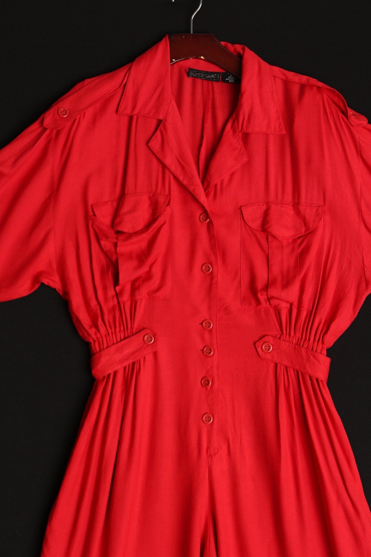 Jumpsuit 90's vintage red women casual 80's button cargo fashion y2k short sleeve front pockets