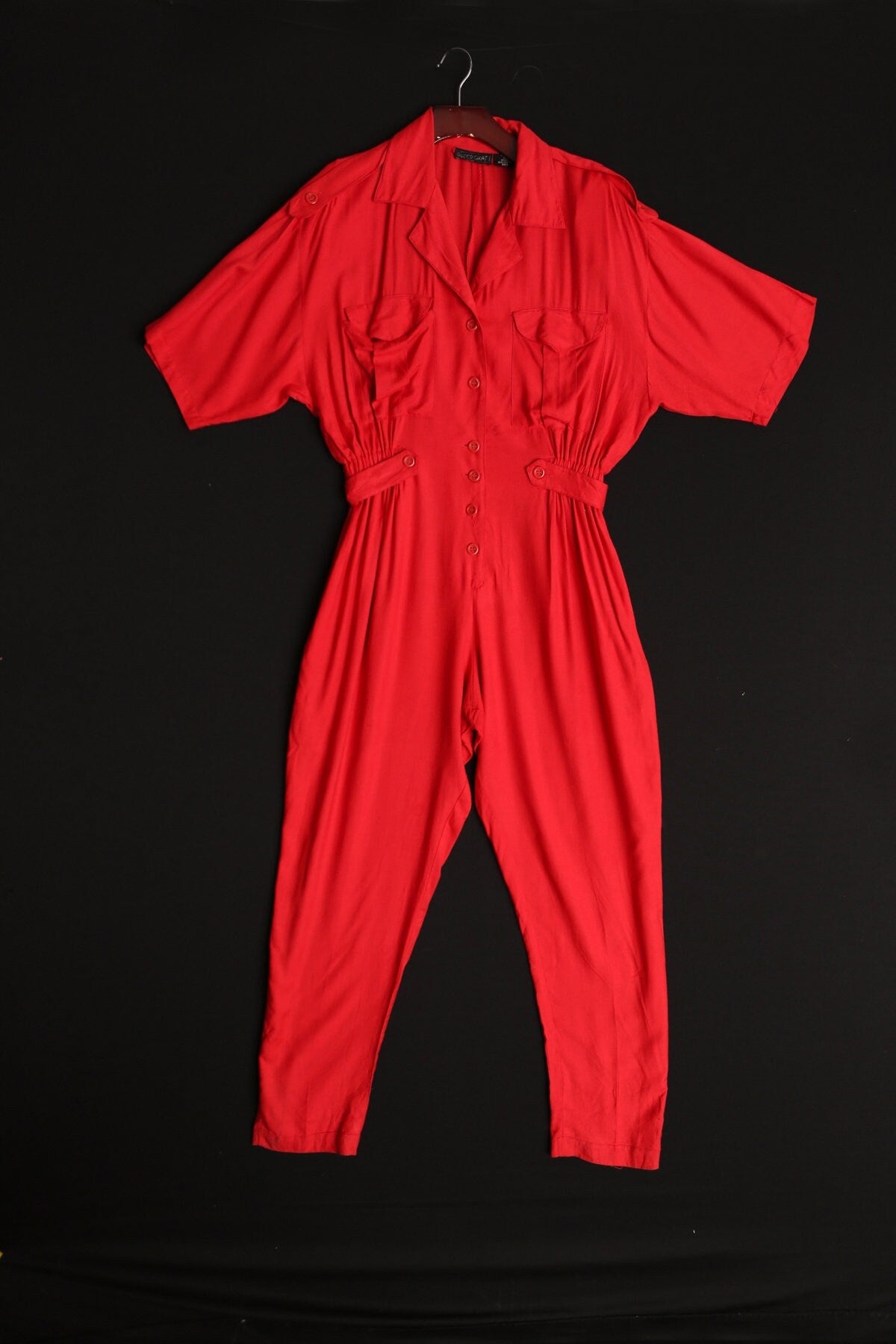 Jumpsuit 90's vintage red women casual 80's button cargo fashion y2k short sleeve front pockets