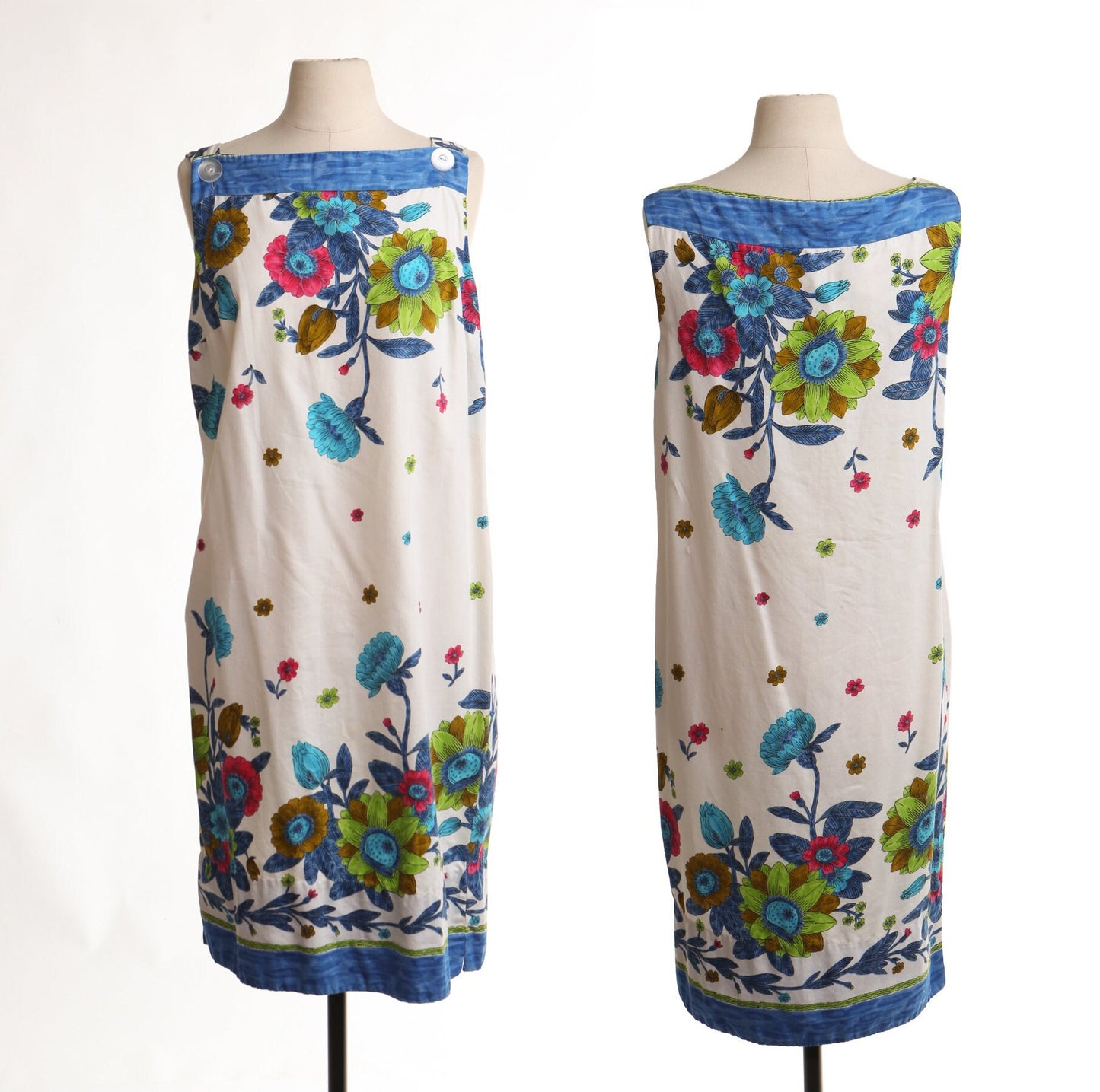 Vintage hawaiian floral print dress 70's 60's summer strap block print boho