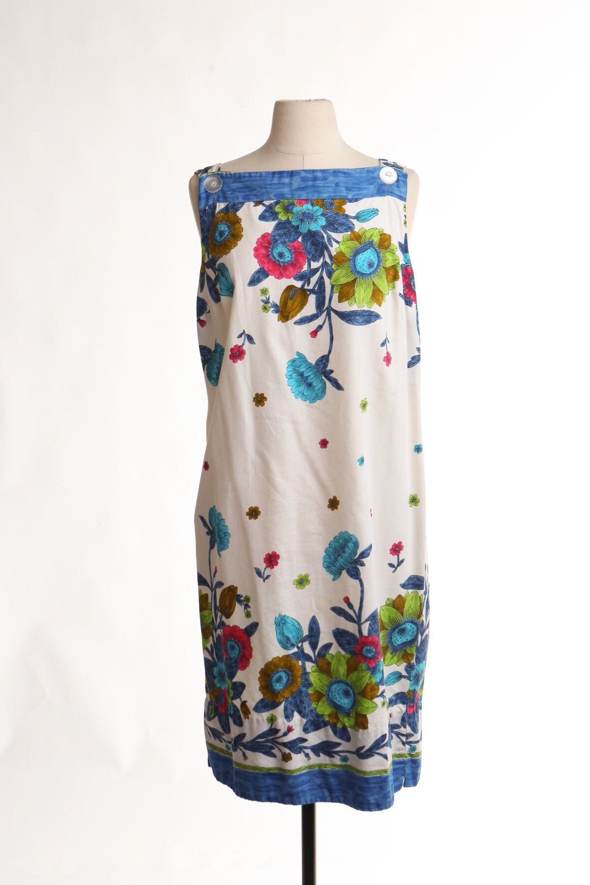 Vintage hawaiian floral print dress 70's 60's summer strap block print boho