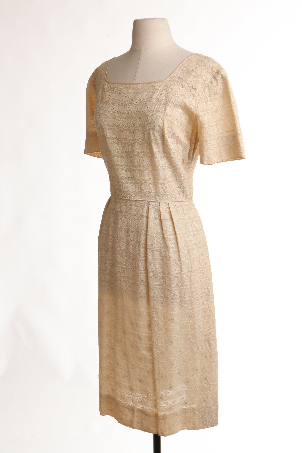 Vintage casual 50's women dress beige lace floral summer evening helen bass designer