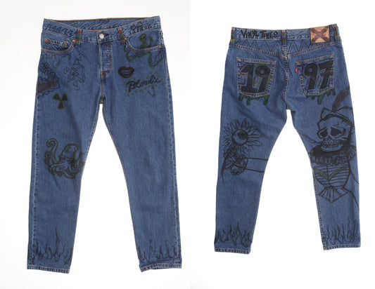 501 c levi jeans denim pants art graffiti hand drawn blue y2k 32 waist