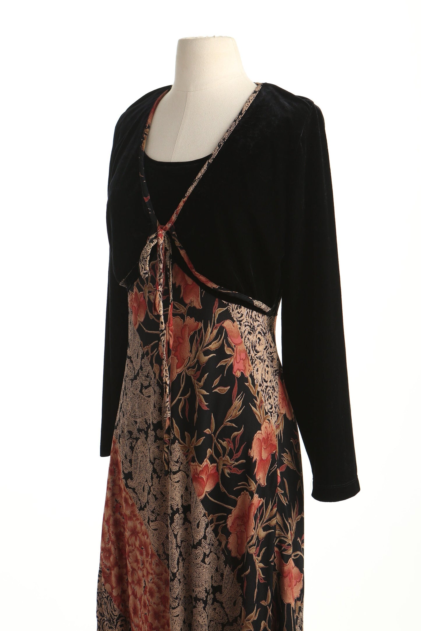 Vintage 90's y2k black velvet dress long floral print flower paisley roses casual