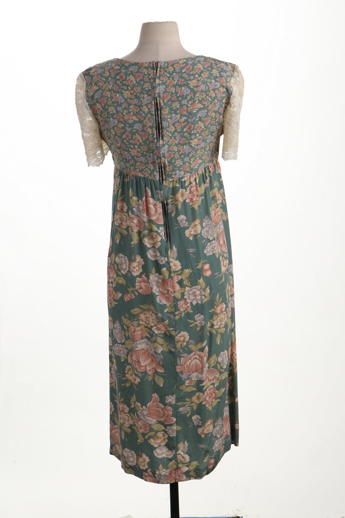 Vintage 90's summer floral print lace beige green dress long