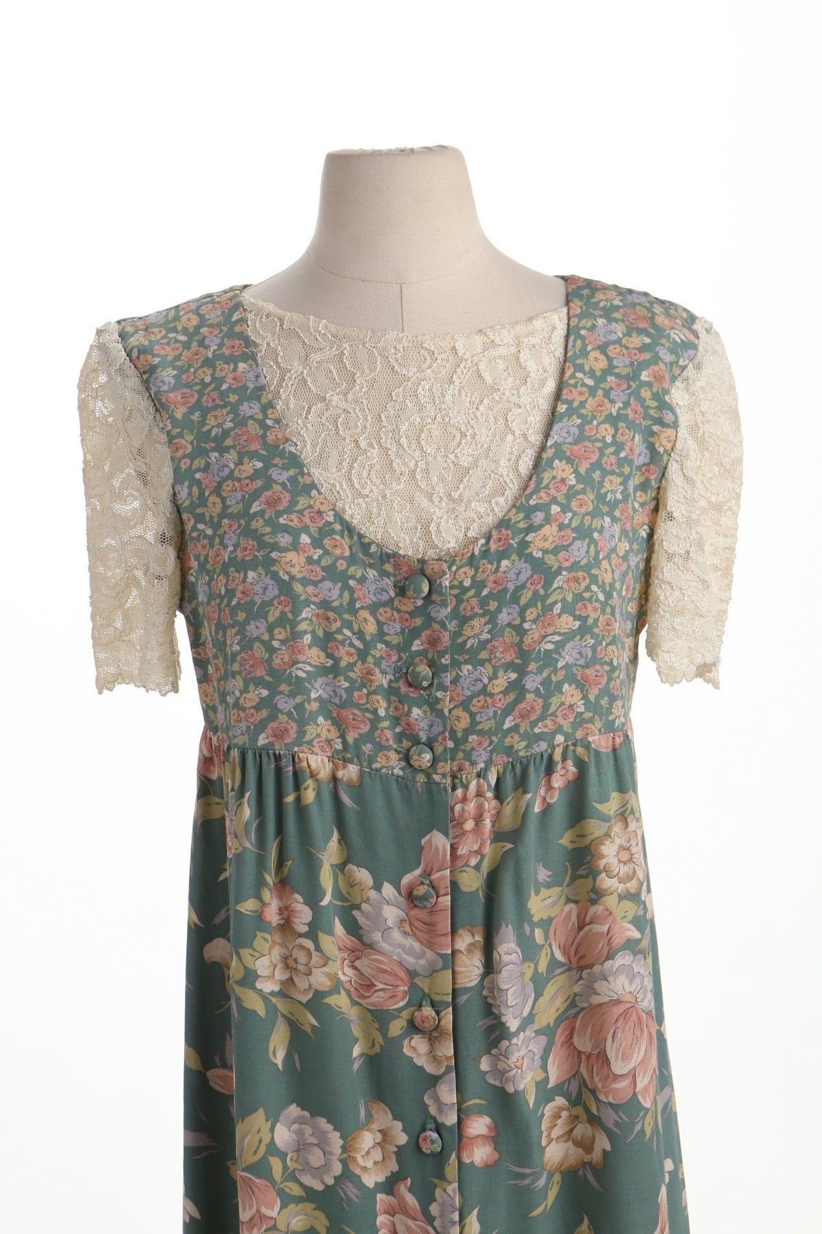 Vintage 90's summer floral print lace beige green dress long