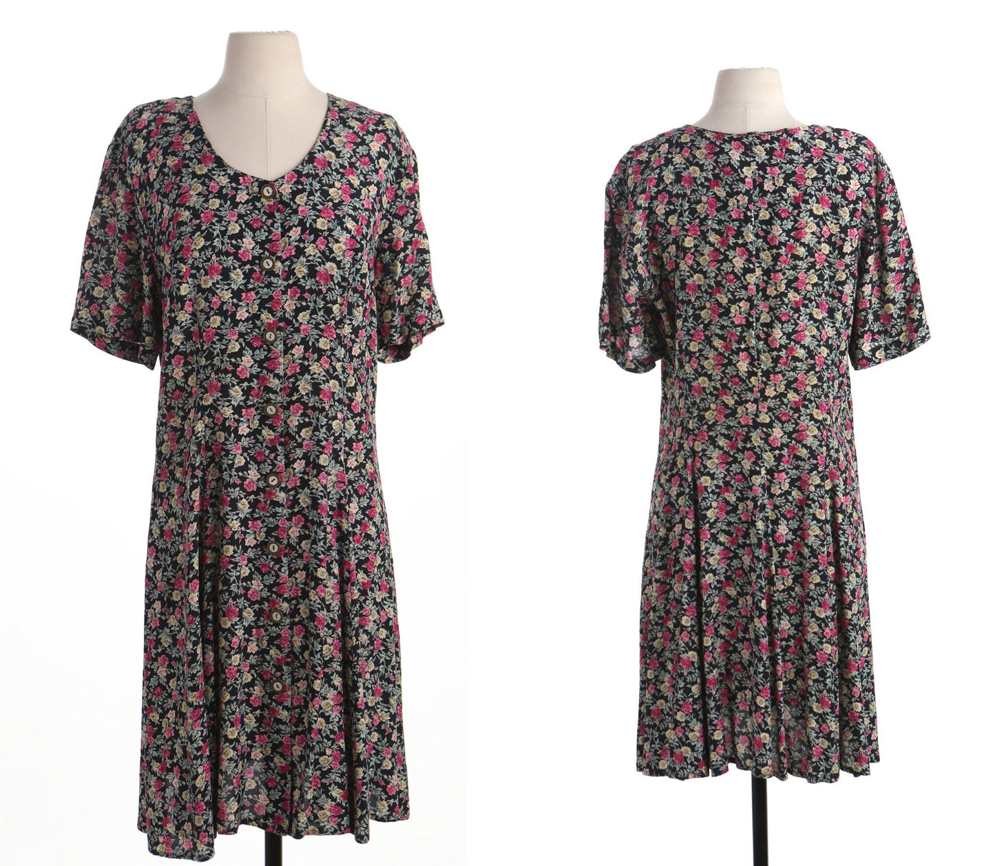 Vintage summer dress black floral print pink yellow flowers 90's long