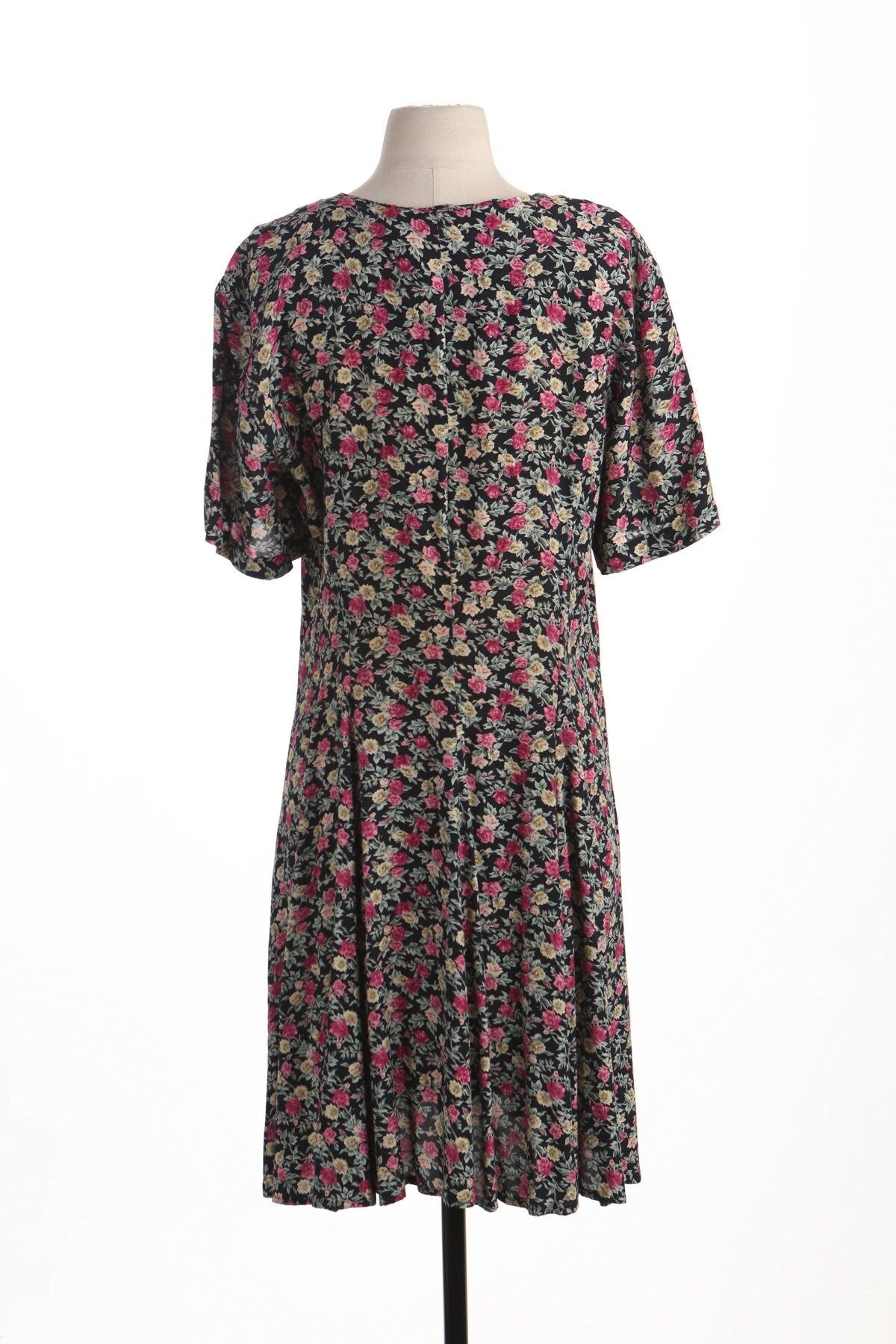 Vintage summer dress black floral print pink yellow flowers 90's long