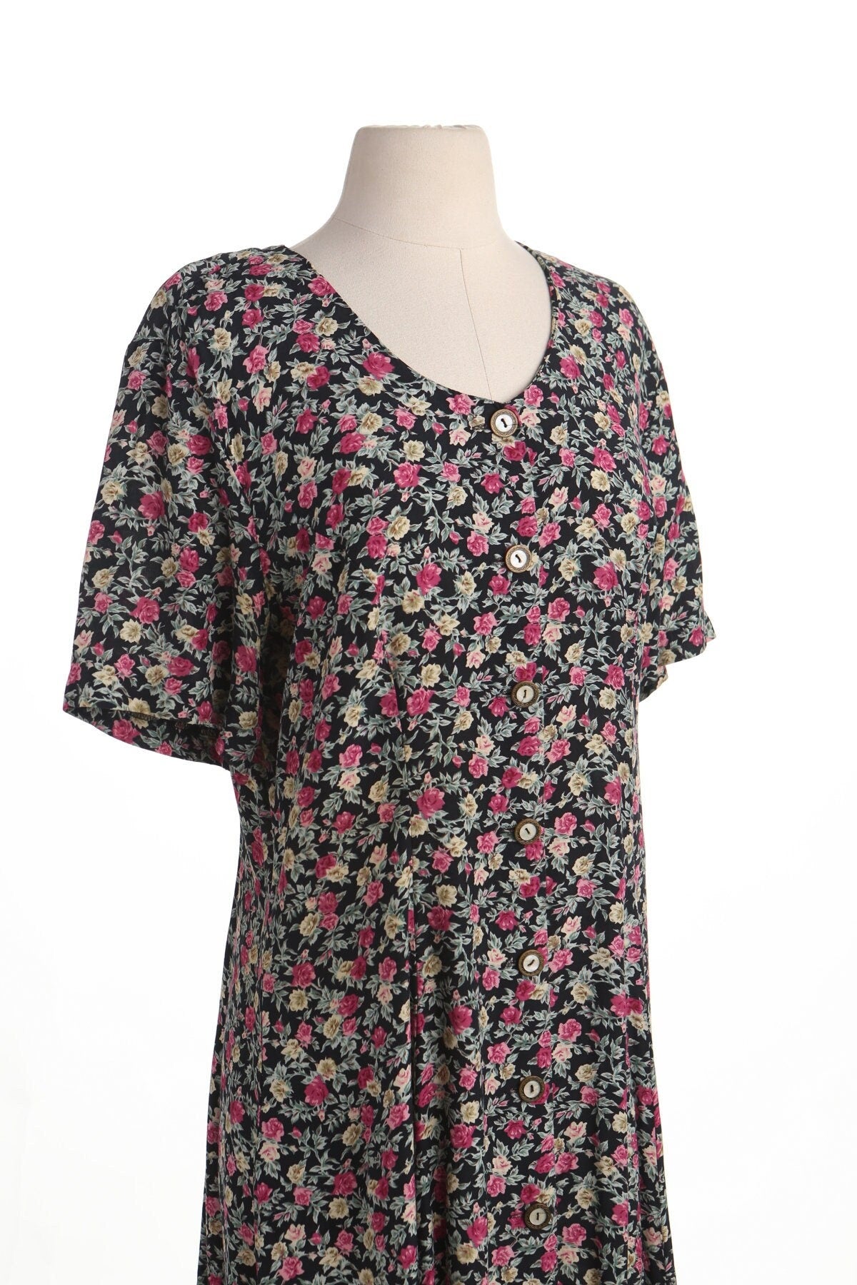 Vintage summer dress black floral print pink yellow flowers 90's long