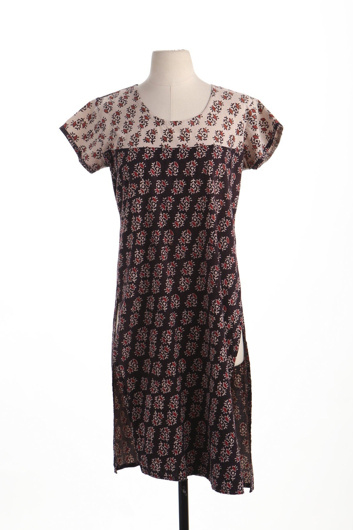 Vintage block print boho dress indian floral summer beige black hippie
