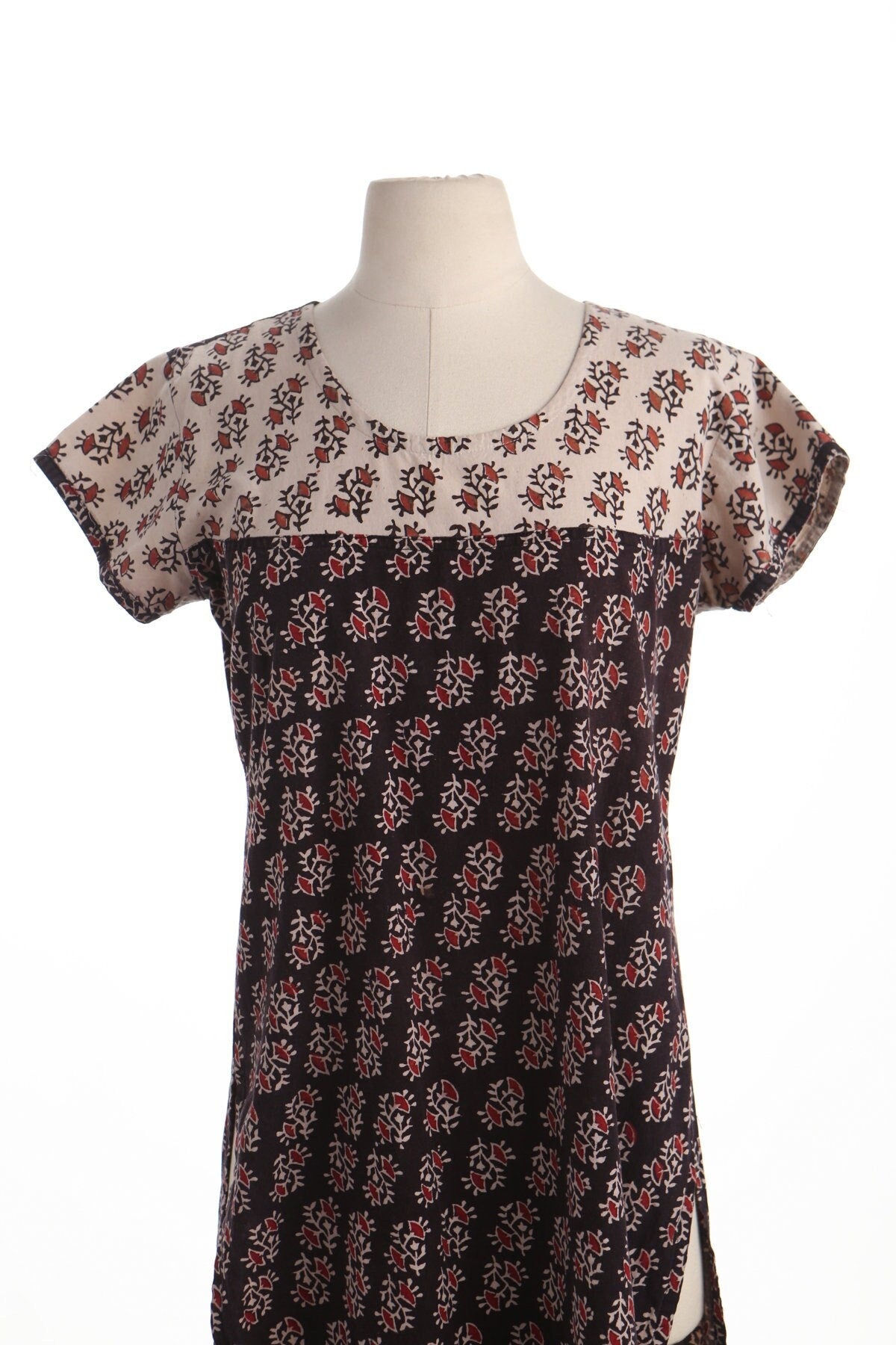 Vintage block print boho dress indian floral summer beige black hippie