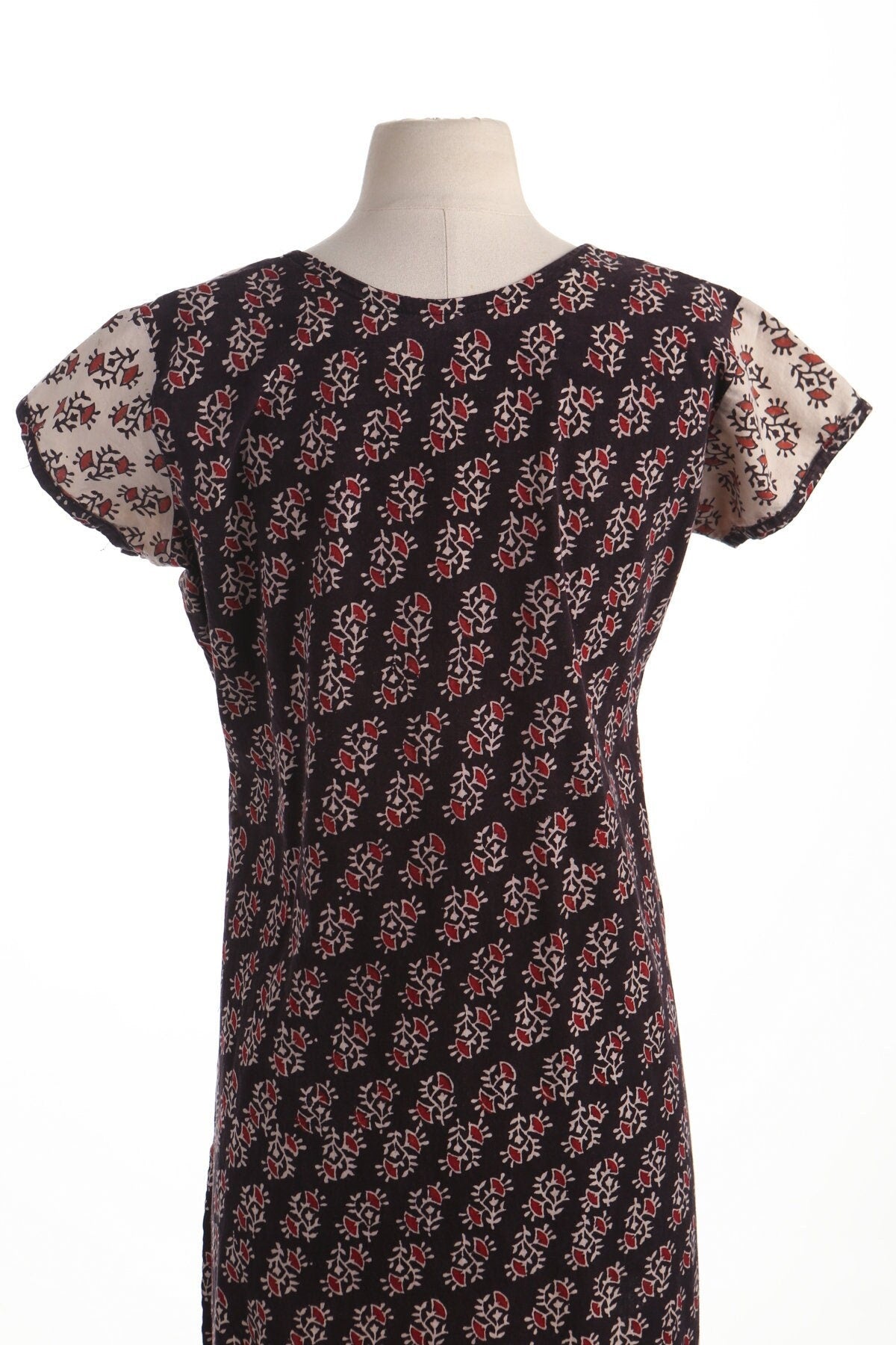 Vintage block print boho dress indian floral summer beige black hippie