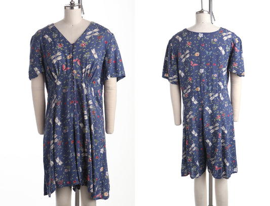 Vintage dress blue floral print romper jumpsuit women dragonfly rayon size l