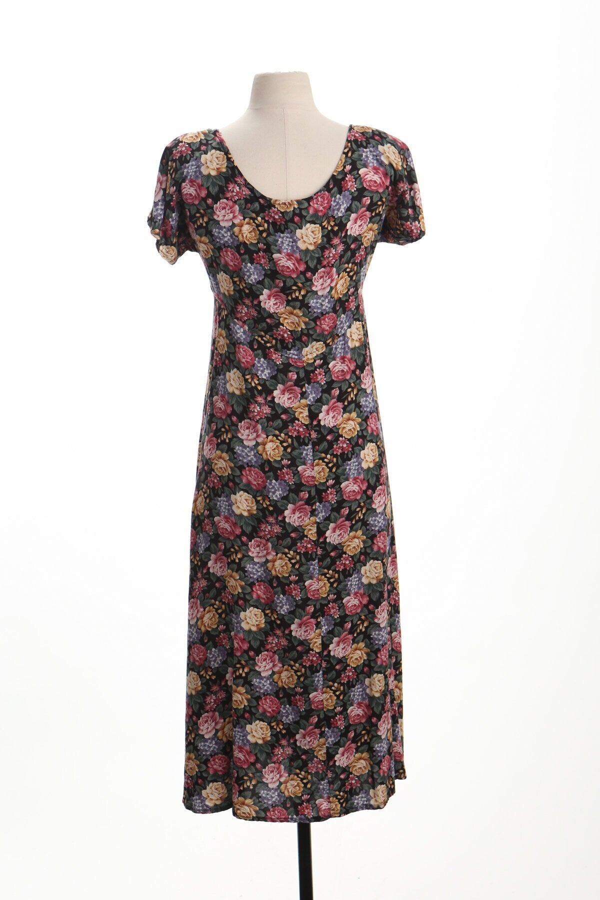 Dress vintage 90's black floral print summer long women casual rayon