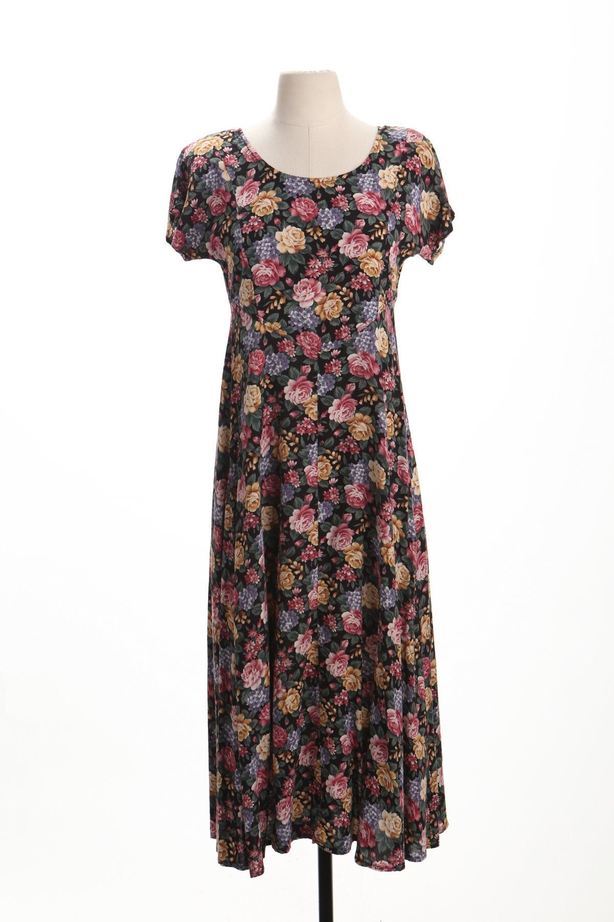 Dress vintage 90's black floral print summer long women casual rayon