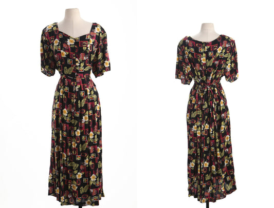 Vintage 90's long floral print black dress rayon button back belt short sleeve xl