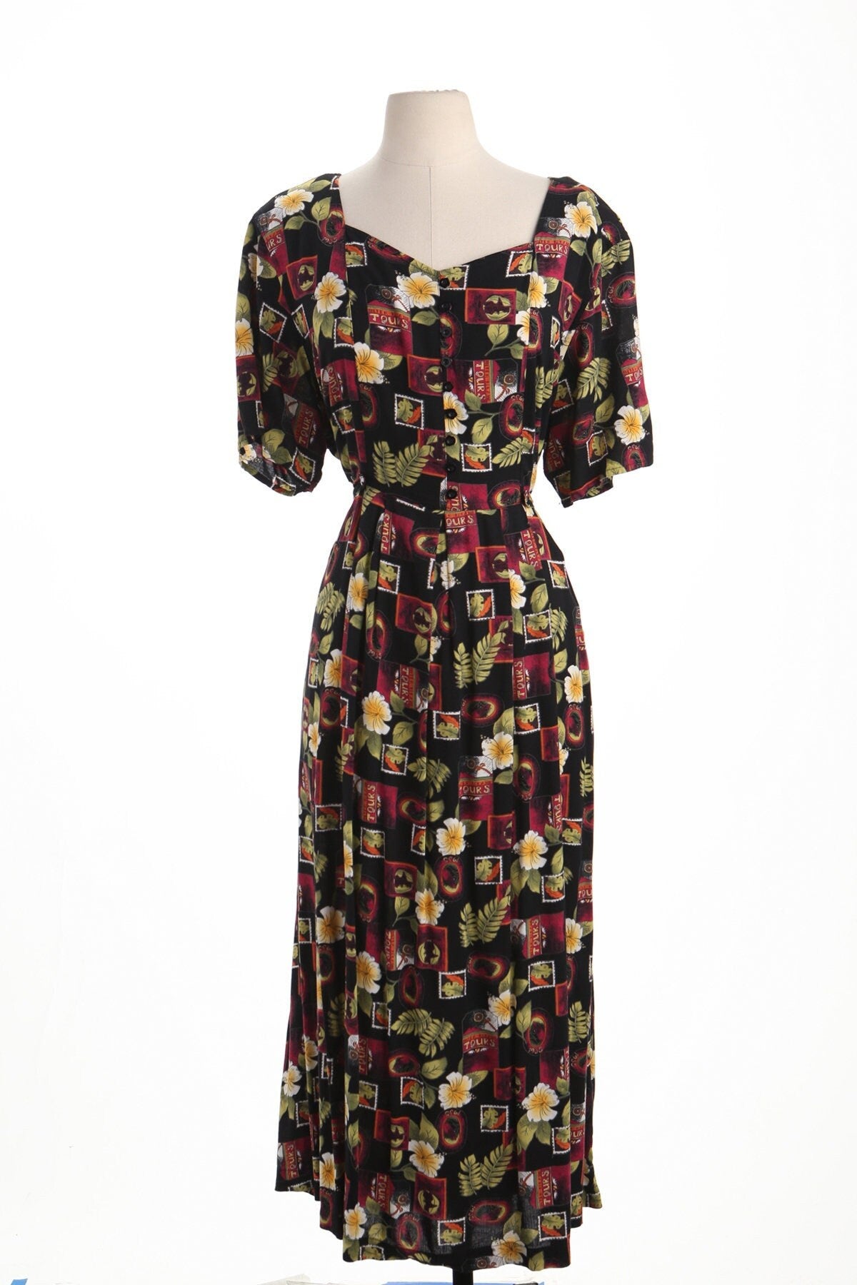 Vintage 90's long floral print black dress rayon button back belt short sleeve xl