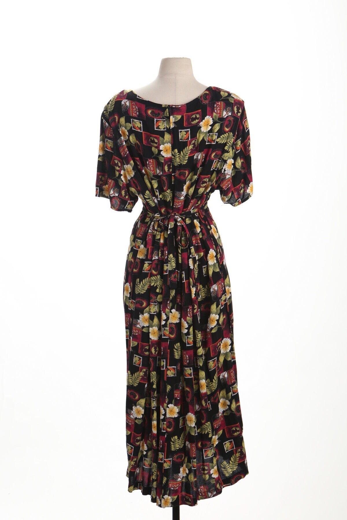 Vintage 90's long floral print black dress rayon button back belt short sleeve xl