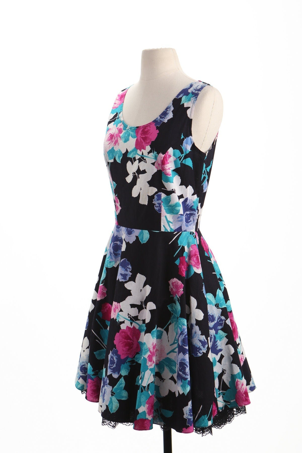 Vintage dress floral black strap print 90's 80's party prom