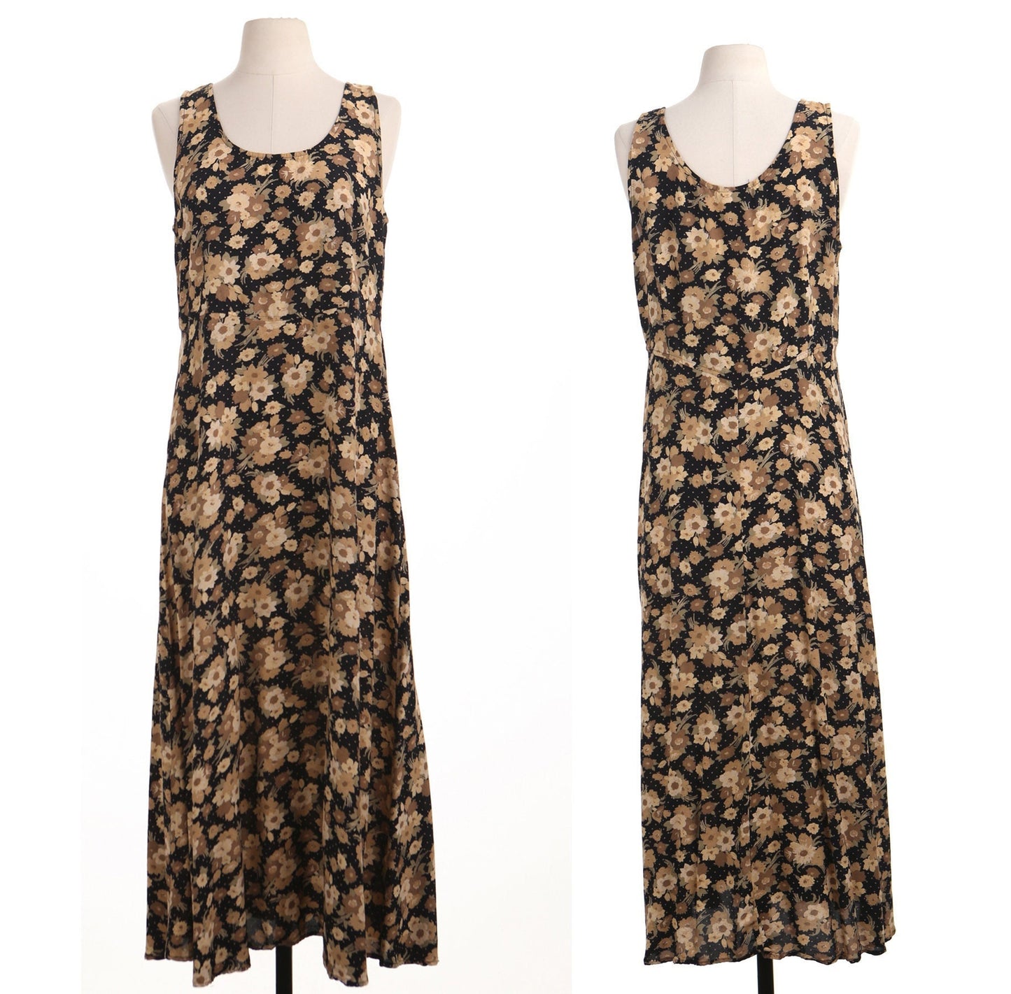 Vintage women floral yellow black summer long dress 90's casual