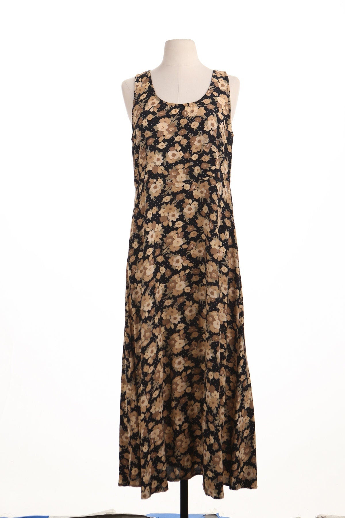 Vintage women floral yellow black summer long dress 90's casual