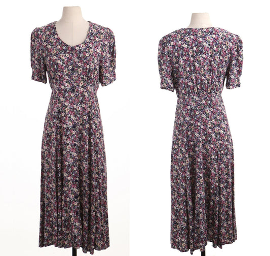 Vintage dress women floral print pink summer long casual button