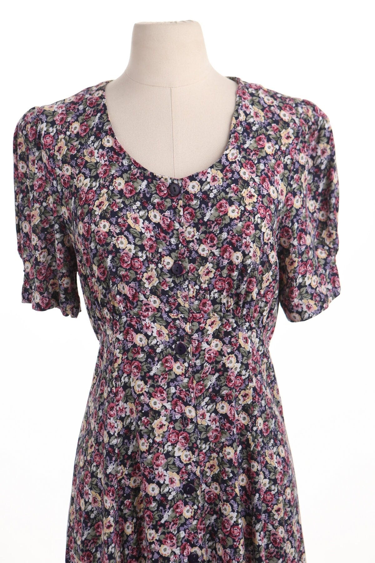 Vintage dress women floral print pink summer long casual button