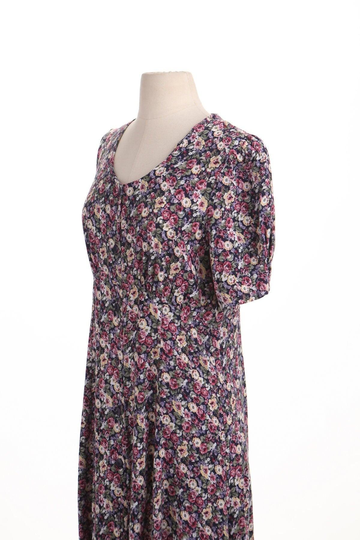 Vintage dress women floral print pink summer long casual button