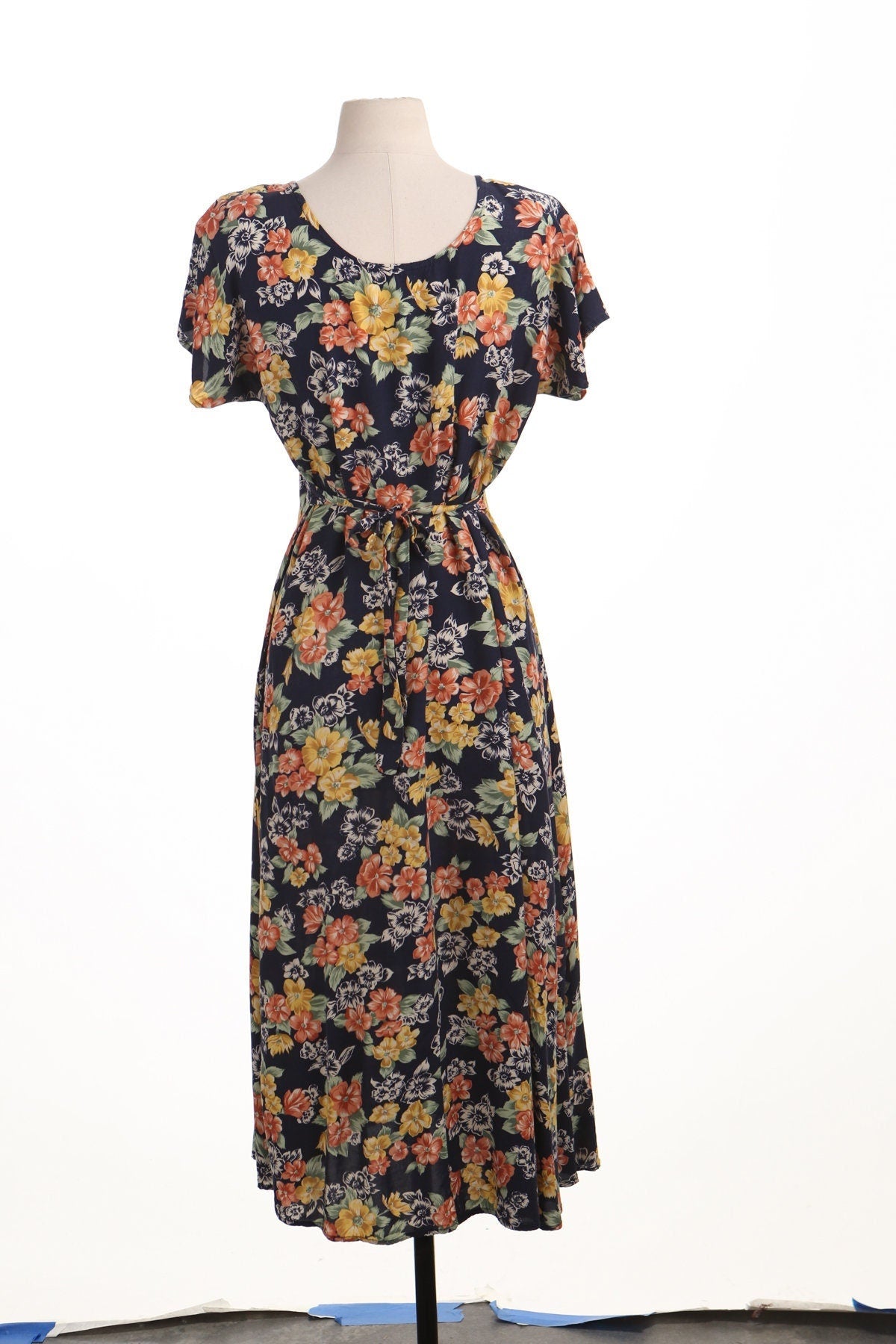 Vintage 90's summer spring casual dress long floral flower print black