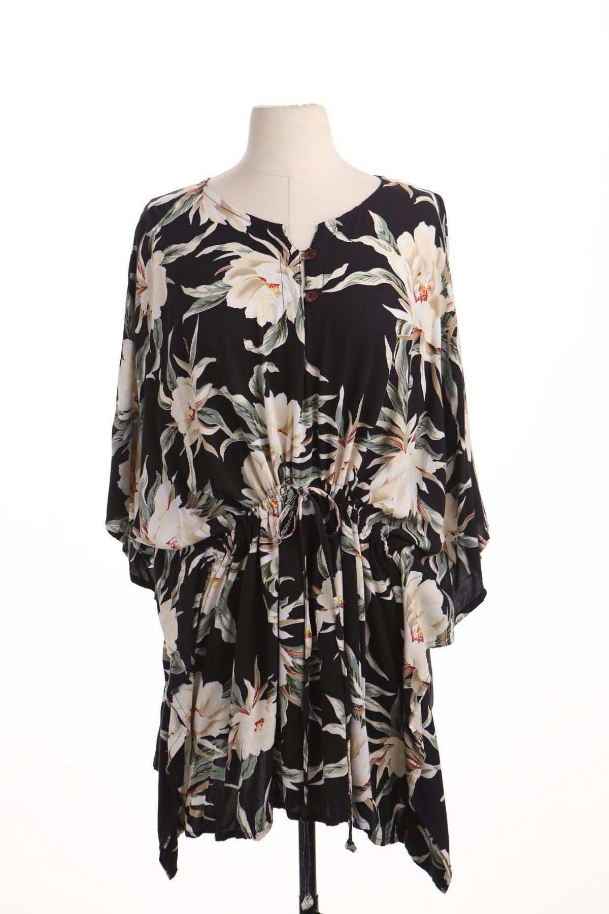 Vintage summer hawaiian dress caftan women floral black lotus flower short waist belt