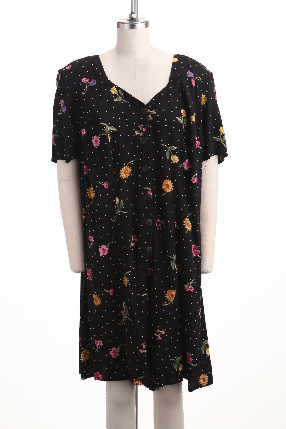 Vintage romper dress jumpsuit floral print 90's black button summer spring