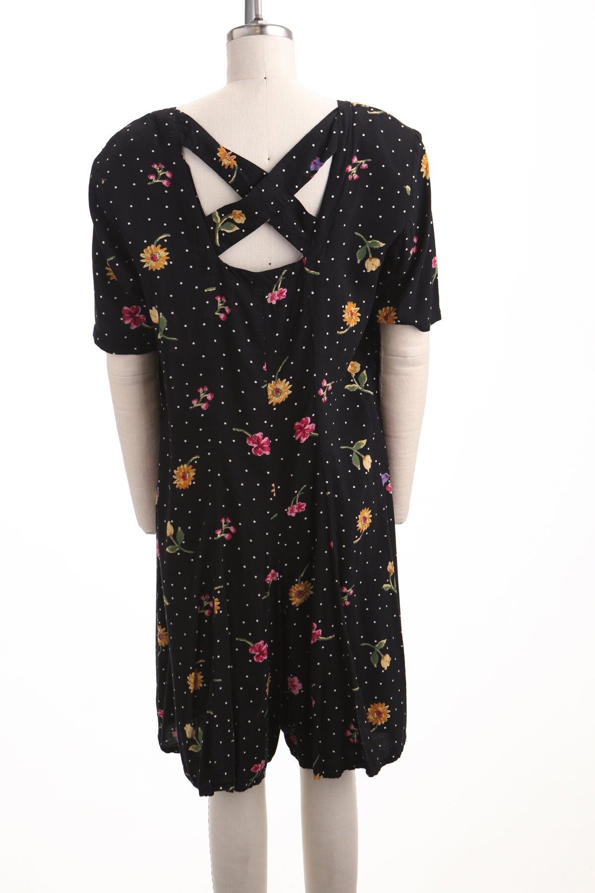 Vintage romper dress jumpsuit floral print 90's black button summer spring