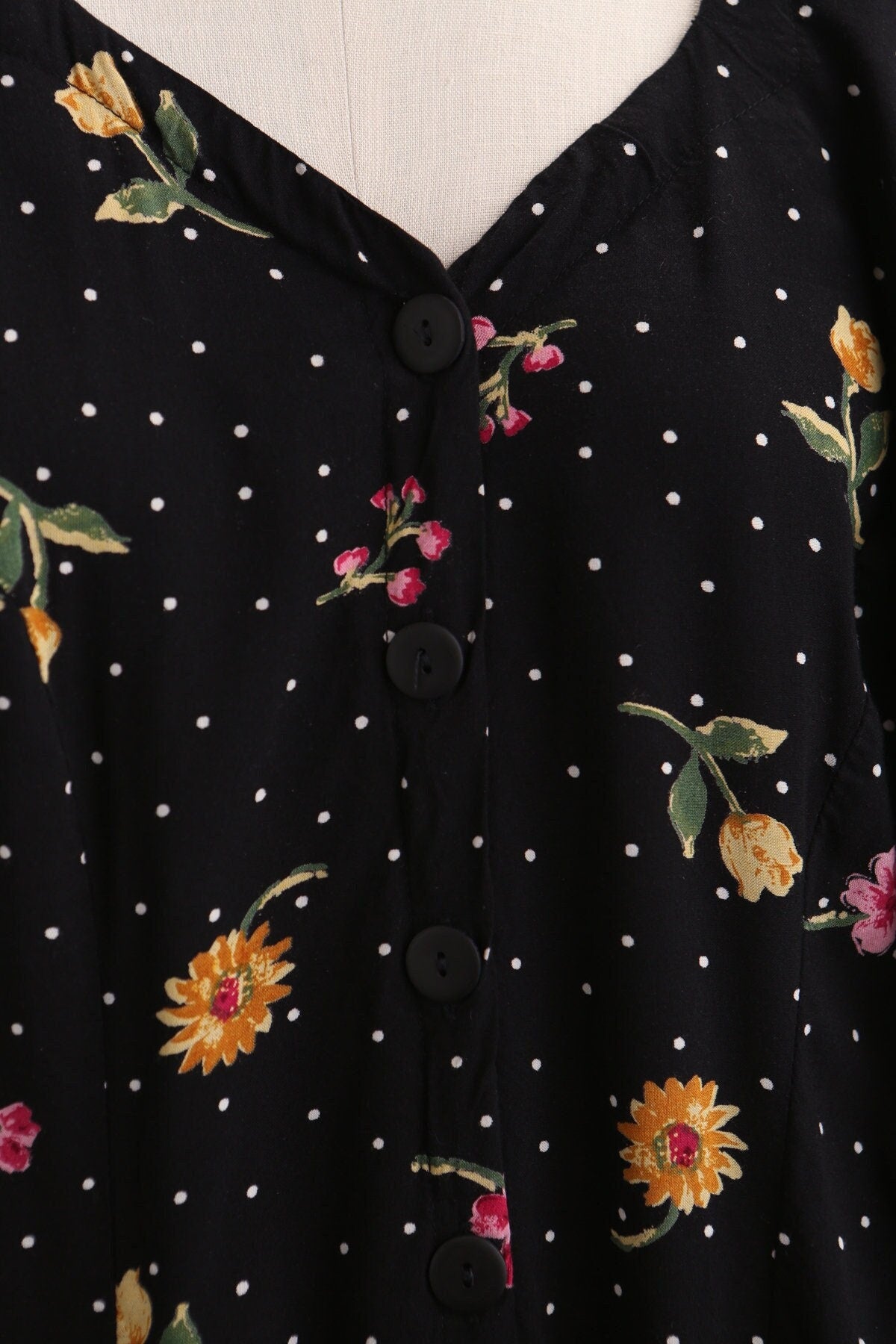 Vintage romper dress jumpsuit floral print 90's black button summer spring