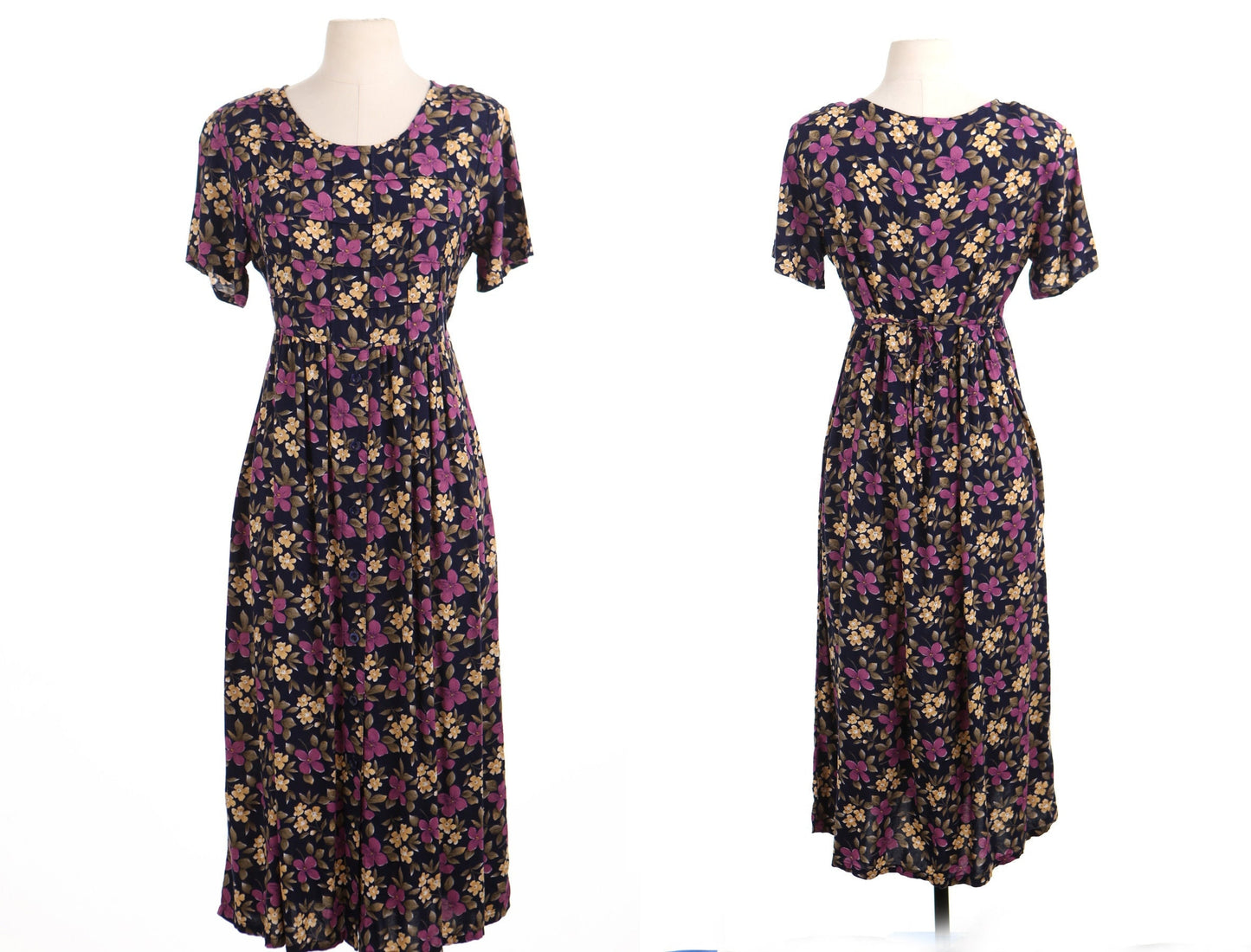 Vintage 90's rayon dress floral blue yellow purple women summer casual petites