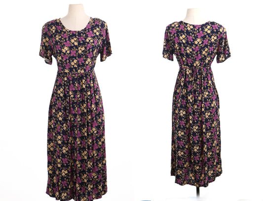 Vintage 90's rayon dress floral blue yellow purple women summer casual petites