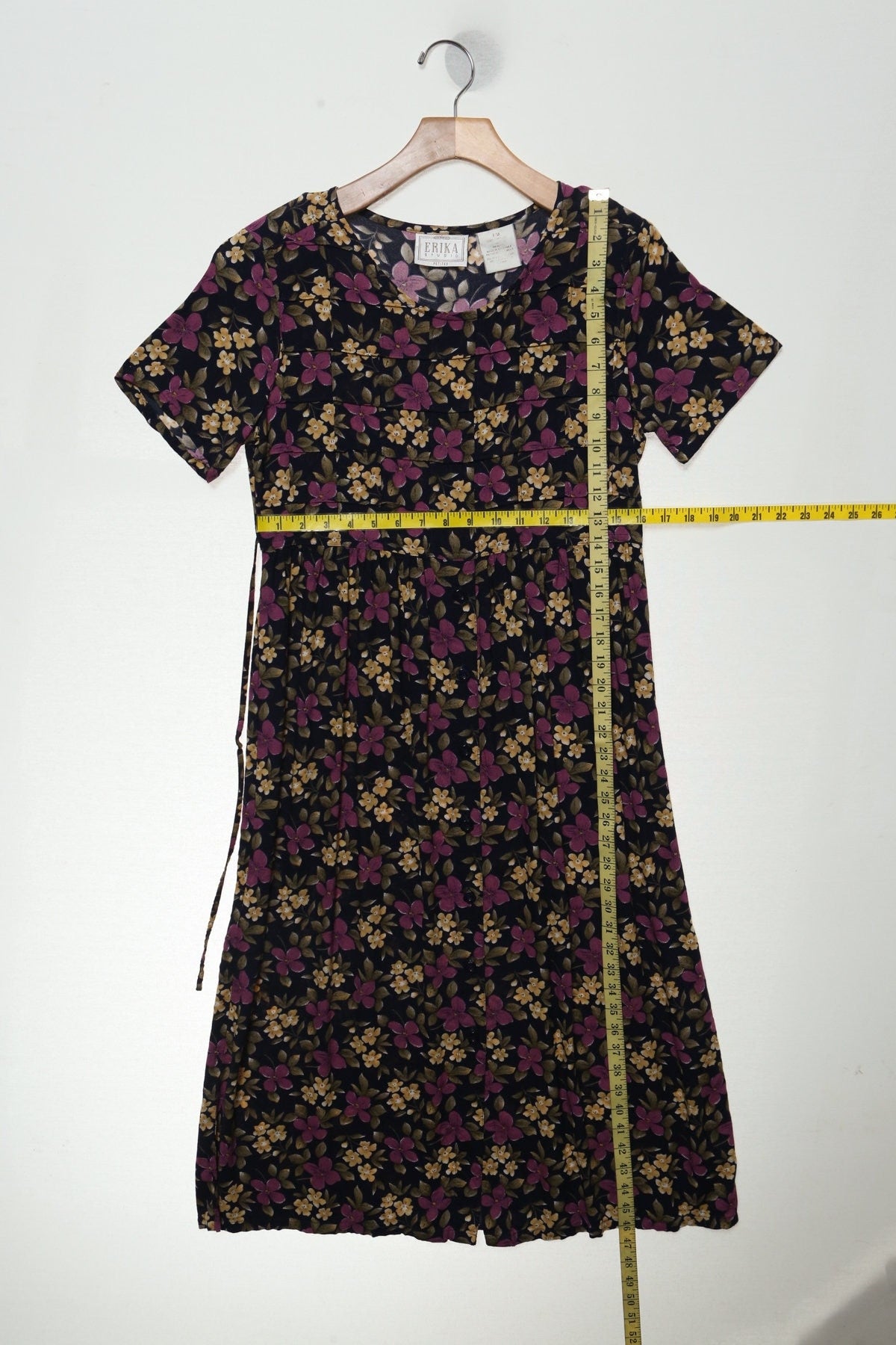 Vintage 90's rayon dress floral blue yellow purple women summer casual petites